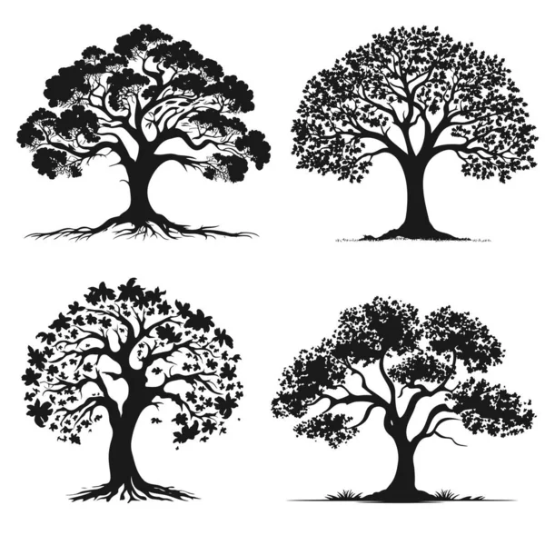 葉を持つ木々のシルエットのセット Eps — ストックベクタ