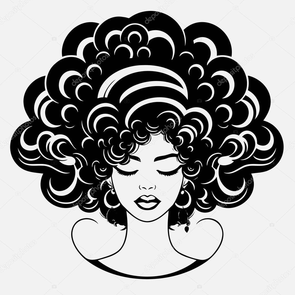 African pretty woman with afro and bun hairstyle portrait. Silhouette on white background. Vector. Illustration.