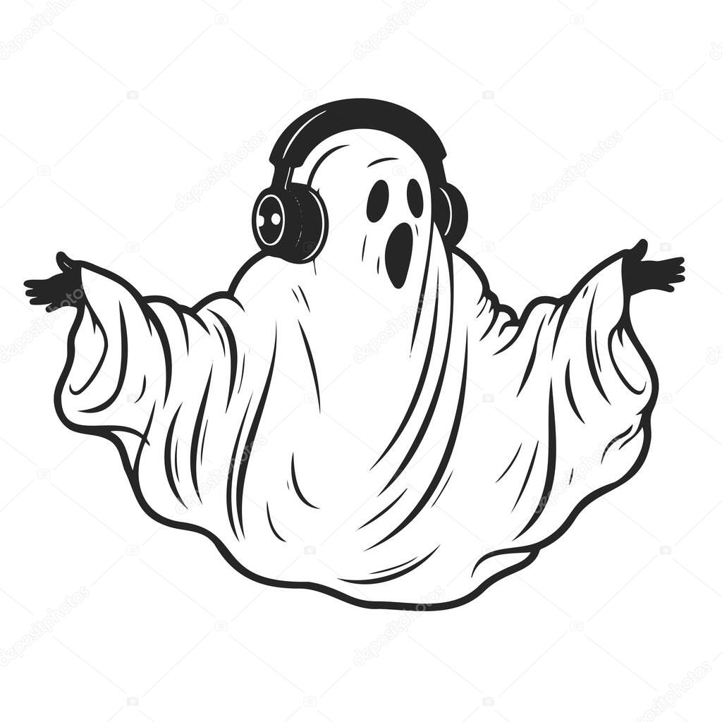 Vector Cartoon Ghost in headphones Isolated On White Background. EPS 10