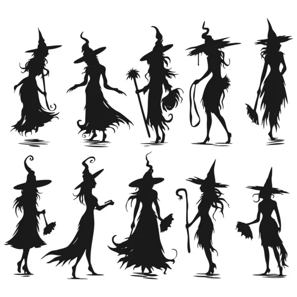 Ilustrações Vetoriais Halloweens Bruxas Silhuetas Conjunto — Vetor de Stock