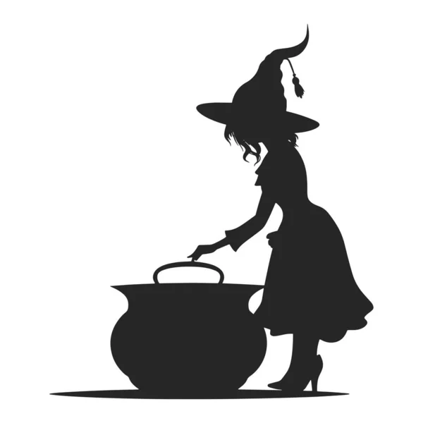 Silhouette Young Witch Cauldron Happy Halloween — Stock Vector