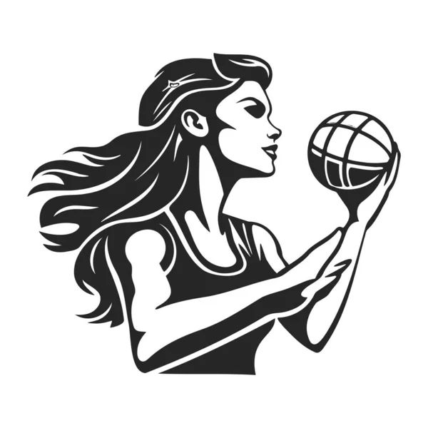 Vector Silueta Una Chica Con Una Pelota Juega Voleibol — Vector de stock