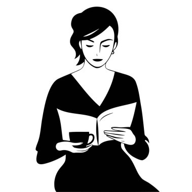 Elinde kahve ve kitap olan bir kızın siyah beyaz çizimi. EPS 10