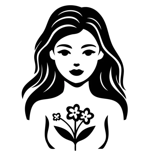 Черно Белая Иллюстрация Девушка Цветок Eps — стоковый вектор