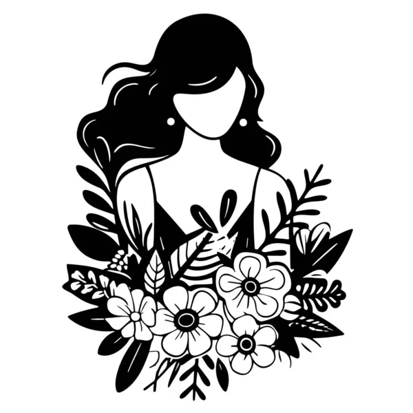 Черно Белая Иллюстрация Девушка Цветок Eps — стоковый вектор