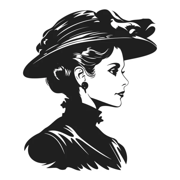 Szlachetna Pani Kapeluszu Piękna Kobieta Czarno Biały Styl Moda 1900 — Wektor stockowy