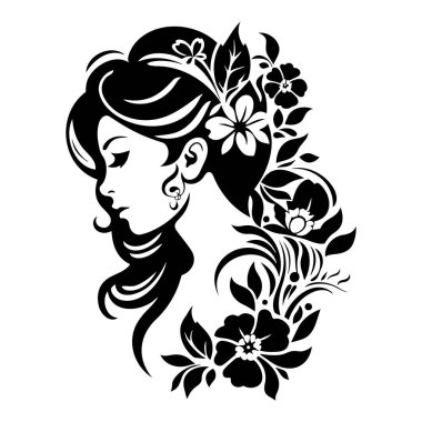 Saçında çiçekler olan güzel bir kızın yüzü. siyah ve beyaz siluet. Yaratıcı güzellik tasarımı. EPS 10