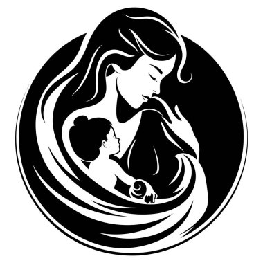 Anne ve bebek şekillendirilmiş vektör sembolü, anne logo şablonuna sarılıyor. EPS 10