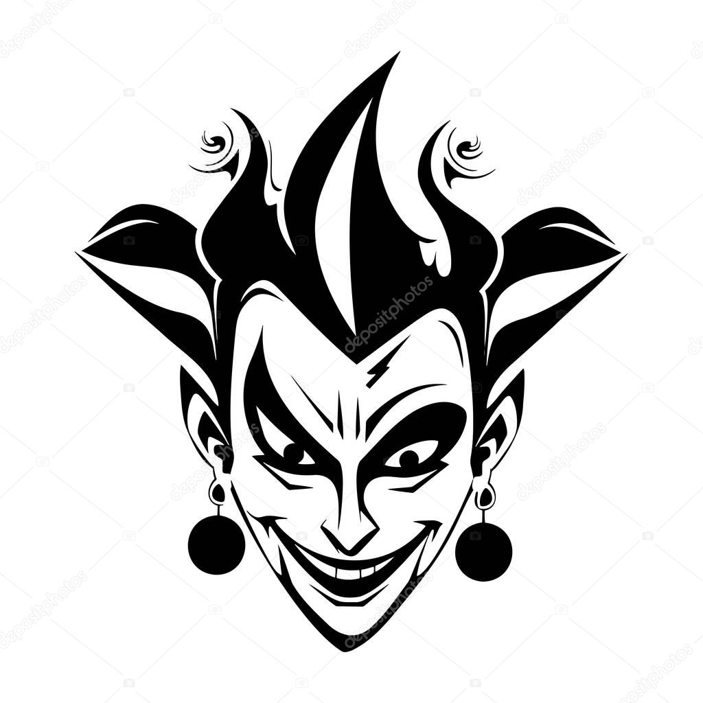 A black icon of the joker, in a white isolated vector illustration, embodies the playful and fun nature of the clown. With its whimsical design and line art. Poker casino style. EPS 10
