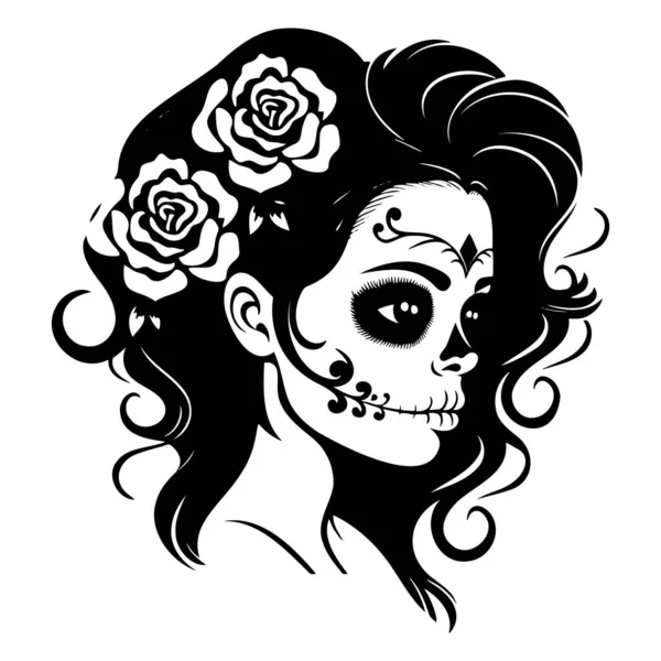 Monocromo Cráneo Mujer Azúcar Con Flor Eps — Vector de stock