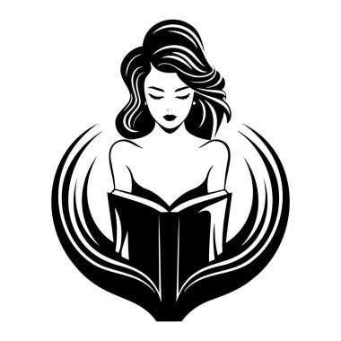 Elinde kahve ve kitap olan bir kızın siyah beyaz çizimi. EPS 10