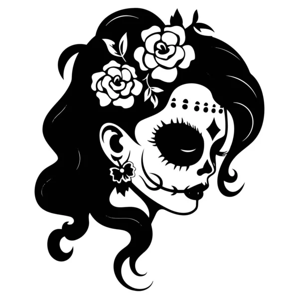 Crâne Monochrome Femme Sucre Avec Fleur Spe — Image vectorielle