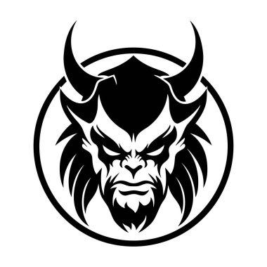 Vektör çizimi. Boynuzlu, gülen şeytan bir iş adamının erkek portresi. Siyah ve beyaz çizgisel çizim mürekkep biçimi.