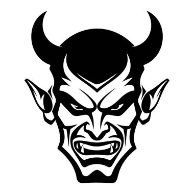 Vektör çizimi. Boynuzlu, gülen şeytan bir iş adamının erkek portresi. Siyah ve beyaz çizgisel çizim mürekkep biçimi.