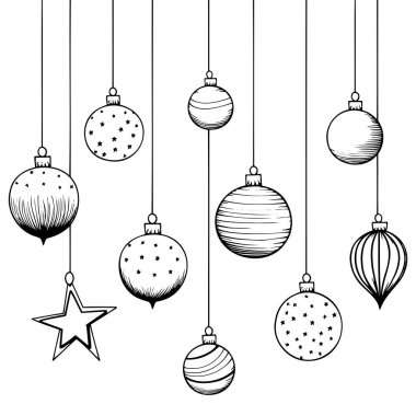 Noel ağacı süslemeleri, Noel baloları. Siyah beyaz illüstrasyon.