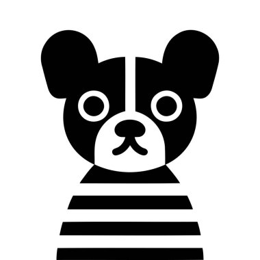 Yelek giymiş bir köpeğin siyah beyaz çizimi.