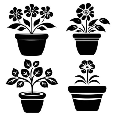 Logo seti, çömlek içinde çiçeğin siyah beyaz çizimi.