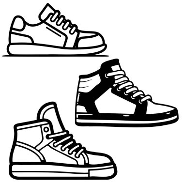 Modaya uygun spor ayakkabıların siyah beyaz çizimleri..