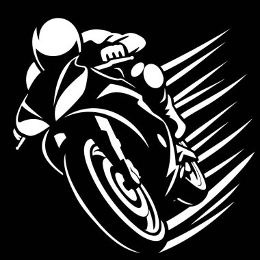 Motosikletli bir motorcunun siyah beyaz çizimi.