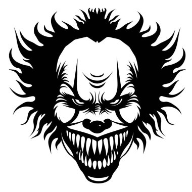 Siyah-beyaz çizgili, mutlu bir ifadesi ve simetrik özellikleri olan palyaçoların resmi. Ayrıntılı çizim için kullanılan çene, kemik yapısı ve yazı tipi