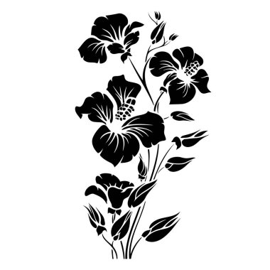Temiz beyaz arka planda karmaşık yaprakları olan bir çiçeğin monokrom çizimi, minimalist şablon yazı tipi kullanarak yaratıcı sanatçılık ve karmaşık desenler sergiliyor.