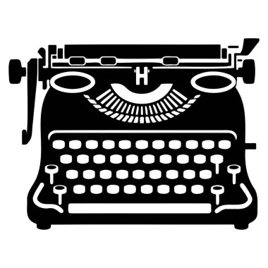 Beyaz zemin üzerinde eski bir daktilonun siyah beyaz silueti, daktilolar simgesel uzay çubuğu ve klasik tasarım elementleri içerir