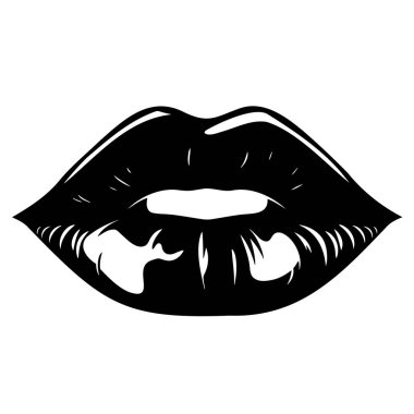 Resimde bir kadının dudaklarının siyah ve beyaz tasviri yer alıyor. Anahtar sözcükler arasında Saç, Baş, Göz, Kollar, Yazı Tişört, Sembol, Logo, Grafikler ve Brand yer alıyor.