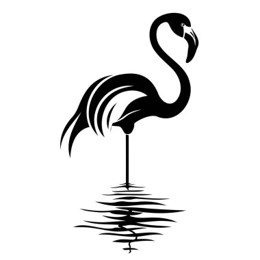 Görüntü siyah beyaz bir flamingo çizimini tasvir ediyor. Bir direğin üzerinde zarif bir şekilde duruyor. Kuşların boynunu, gagasını ve tüylü vücudunu vurguluyor.