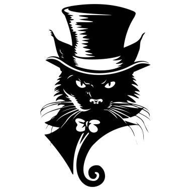 Silindir şapka ve papyon takan bir kedinin şık siyah-beyaz çizimi. Zarif ve tuhaf temalar için mükemmel..