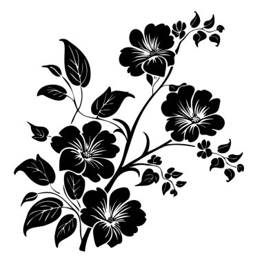 Çiçek dalının zarif siyah beyaz çizimi. Detaylı çiçekler ve klasik bir tasarım..