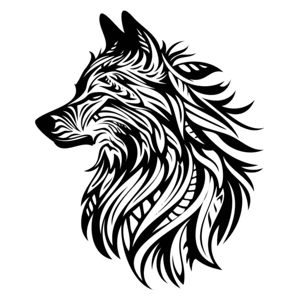 Bir kurt başının karmaşık siyah beyaz kabile dövmesi tasarımı. Detaylı desenler ve çizgiler içeriyor..