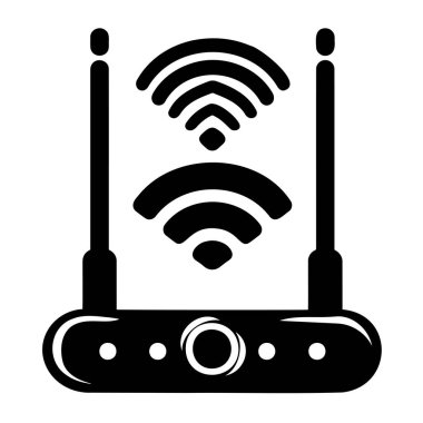 Kablosuz bağlantı ve teknolojiyi sembolize eden, sinyal dalgaları yayan bir Wi-Fi yönlendiricisinin siyah-beyaz çizimi.
