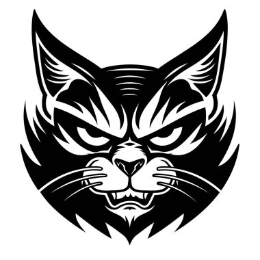 Şiddetli ifadesini ve keskin özelliklerini gösteren siyah beyaz bir kedi yüzü tasvir edildi..