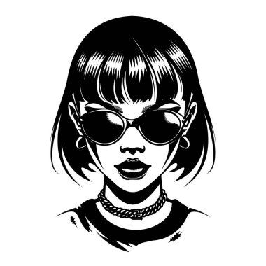 Kısa saçlı, güneş gözlüklü, siyah beyaz bir kız resmi..