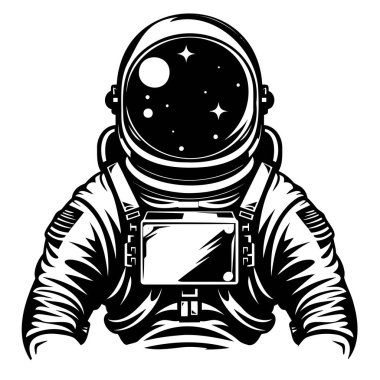 Uzayda yıldızlarla çevrili bir astronotun siyah beyaz çizimi..