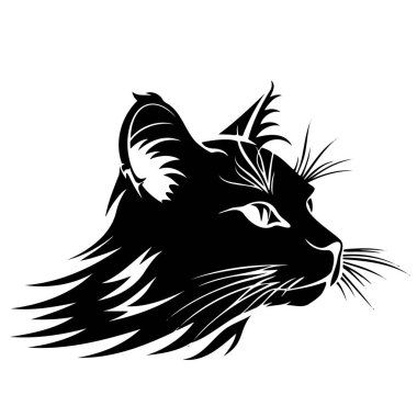 Kedi kafasının detaylı siyah beyaz silueti. Karmaşık kürk desenleri var. Kedisinin zarafetini vurguluyor..
