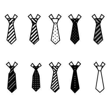 Farklı kravat tasarımlarının siyah beyaz koleksiyonu, moda ve giyim teması için ideal..