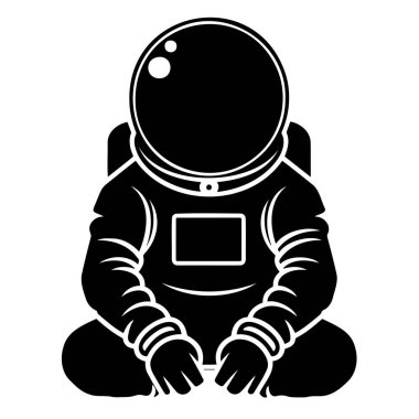 Oturmuş bir astronotun minimalist siyah beyaz silueti, uzay temalı tasarımlar ve sanat eserleri için mükemmel..