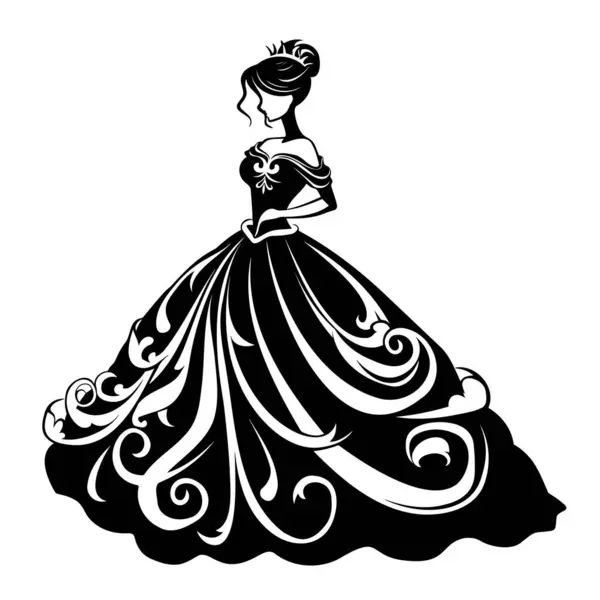 Balo elbisesi giymiş bir prensesin sofistike siyah-beyaz silueti. Davetiyeler, moda ve etkinlik tasarımları için mükemmel..