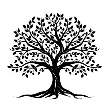 Dalları ve yaprakları olan detaylı bir siyah ağaç silueti, çevre ve doğa temalı projeler için ideal..