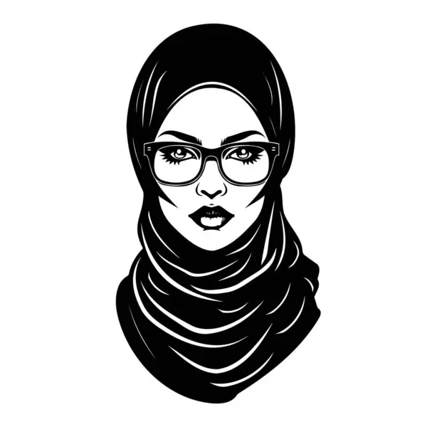 stock vector A striking monochrome illustration of a woman wearing a hijab and glasses, representing confidence and style.