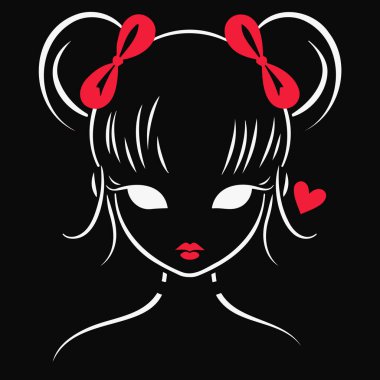 Şık ve zarif bir siluet, çift kalçalı ve kırmızı kurdeleli bir kız, çarpıcı bir kontrast için siyah bir arka plan üzerine kurulmuş.