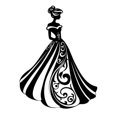 Balo elbisesi giymiş bir prensesin sofistike siyah-beyaz silueti. Davetiyeler, moda ve etkinlik tasarımları için mükemmel..