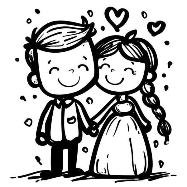 Gelin ve damadın neşeli, siyah ve beyaz bir karikatürü. Aşklarını sembolize eden bir kalp..