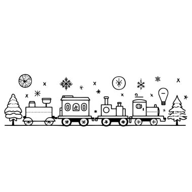 Noel temalı oyuncak treni siyah ve beyaz ana hatlarıyla çeşitli şenlik unsurlarıyla.