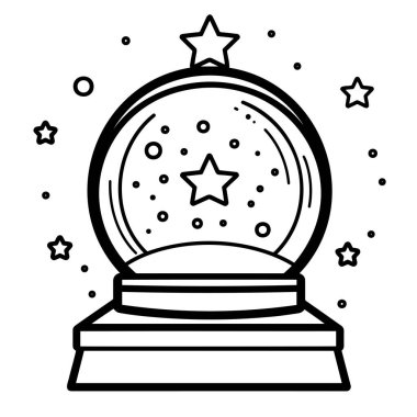 Yıldızlı kar küresi ve kayan kar siyah beyaz ana hatlarıyla.