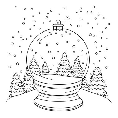 Snow globe with pine trees and falling snowflakes in black and white outline. clipart