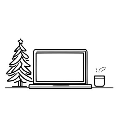 Laptop with Christmas tree decoration and hot drink, creating a cozy holiday workspace. clipart