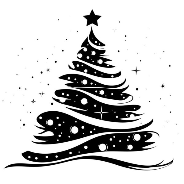 Abstract black and white Christmas tree with decorative swirls and star.
