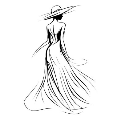 Uzun dalgalı elbisesi ve geniş kenarlı şapkası olan bir kadının zarif siyah beyaz silueti.